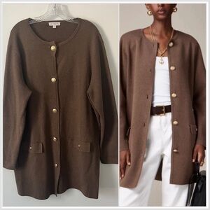 J Crew Giselle Long Sweater Blazer Brown Gold Buttons Old Money Preppy Large